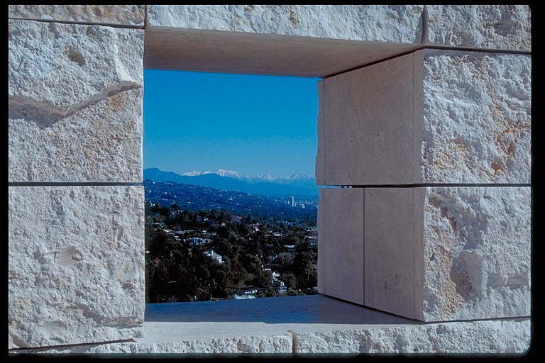 Detail,travertine wall at S.Promontory,view to San Gabriel Mountains